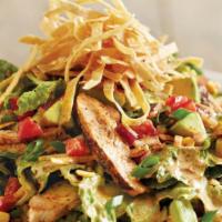 Santa Fe Salad · Crisp romaine, blackened chicken breast, red onions, fire-roasted red peppers, jack + chedda...