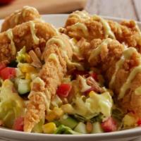 Honey Crisp Chicken Salad · Crisp romaine, iceberg lettuce, fried chicken tenders, toasted almonds, cucumbers, hard-boil...