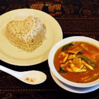 43. Red Curry · Choice of meat cooked with red curry paste, coconut milk, bamboo shoot, basil, and bell pepp...