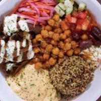Medi Bowl (New!) · tahini & dill quinoa, hummus, pickled red onions, feta, tzatziki, tomato, cucumber, olives, ...