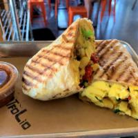 Breakfast Burrito · Egg, Jack cheese, cilantro, tomatoes, roasted bell peppers, wrapped in a flour tortilla and ...