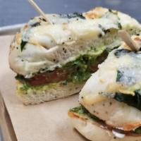Veggie Bagel · Tomato, pesto, cream cheese, fresh basil, salt and pepper on the bagel of your choice as ava...