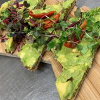 Avocado Toast Plate · Avocado, roasted tomatoes, micro greens, olive oil, grilled whole wheat bread. Vegan, vegeta...