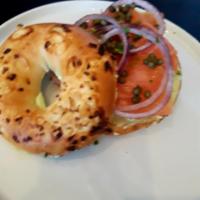 Lox Bagel Plate · Bagel of your choice (as available), lox (cured salmon), chive creme cheese, onions, capers ...