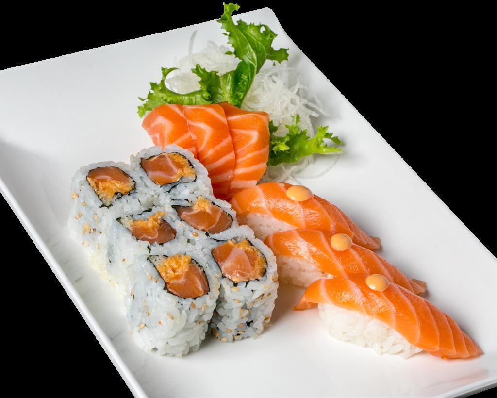 Spicy Salmon Combo · Three pieces of sushi, three pieces of sashimi and spicy salmon maki. Served with soup and salad.