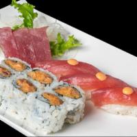 Spicy Tuna Combo · Three pieces of sushi, three pieces of sashimi and spicy tuna maki. Served with soup and sal...