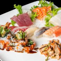 Boat for 1 · Nine pieces of sashimi, seven pieces of sushi and crazy maki with chef's special salad. Serv...