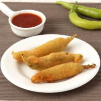 3 Mirchi Bajji (3 Pcs) · Vegan & Vegetarian-Chilli fritters marinated in chickpea flour and fried