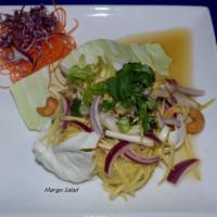 SL3. Mango Salad · Fresh mango, cashew nuts, red onions, scallions and tomato in lime dressing.