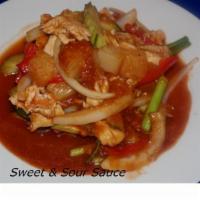 E4. Sweet and Sour Sauce · Sauteed pineapple, tomato, cucumber, onion and bell peppers in sweet and sour sauce. Served ...