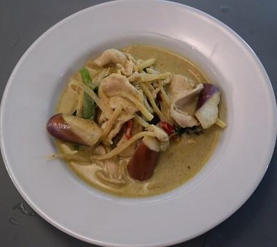 C2. Green Curry · Eggplant, basil and bell peppers in coconut curry with green paste. Spicy. Served with jasmine rice.