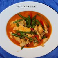 C3. Panang Curry · String beans and bell peppers in coconut curry with panang paste. Spicy. Served with jasmine...
