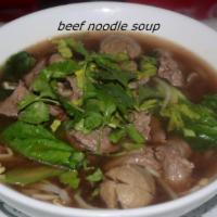 NS3. Beef Noodle Soup · Rice noodles in beef soup with celery, bean sprouts, Chinese broccoli and beef balls.