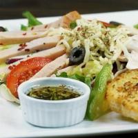 Turkey Salad · Lettuce, tomatoes, cucumber, onions, bell pepper, black olives, cheese, turkey breast and mu...