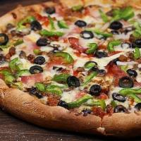 Super Deluxe Pizza · Pepperoni, Italian sausage, beef, Canadian bacon, onions, mushrooms, bell pepper and black o...