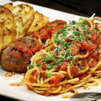 Spaghetti and Meatballs · Spaghetti, topped with tomato sauce, meatballs and cheese. 