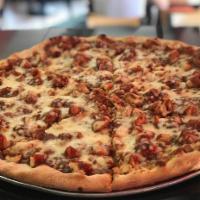 The Gambino Pizza · Marinated grilled chicken, ranch, bacon, sausage and light BBQ sauce. 