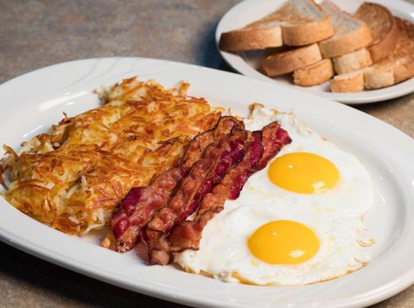 A.M. Starter · Two eggs any style, served with choice of bacon, sausage patty, sausage links or ham steak and choice of 