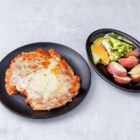 Pollo Alla Parmigiana · Breast of chicken lightly breaded, pan fried and topped with mozzarella in a marinara sauce ...