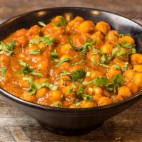Chana Masala Tray · Curried chickpeas and fresh coriander. Spicy.