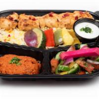 Classic Chicken kabob · Served with 8 oz basmati rice , 5 oz muhammara, 5 oz cucumber salad, grilled vegetables and ...