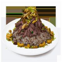 Ouzi Rice with Shredded Lamb ·  8″ Tray, served with 3 sides and 4 pita bread 