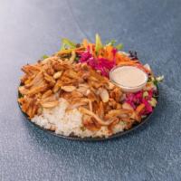 Chicken Doner · Slices of rotisserie-cooked chicken, served with rice and sauteed vegetables. Gluten free.