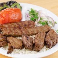 12. Beef Sultani Kabob · Served with choice of 2 sides. Add Extra Side for $1.99
