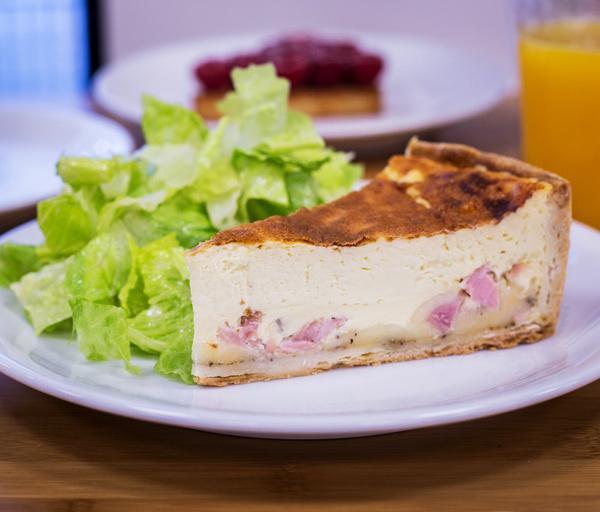 Quiche Lorraine · Soft crust filled with ham, cheese and a savory filling made from fresh cream and eggs.