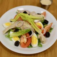 Salad Nicoise · Romaine, Tuna, Egg, Tomato, Black Olives, Red Onions, Vinaigrette Dressing