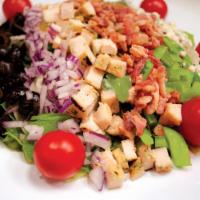 Chopped Salad · Finely chopped romaine and iceberg lettuce, spinach leaves, red pepper, red onion, black oli...