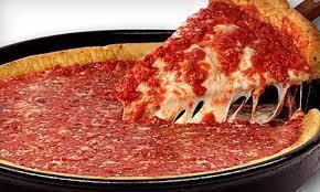 Chicago-Style Deep Dish Pizza · Buttery crust, filled with mounds of mozzarella cheese and topped with chunky pomodoro tomat...
