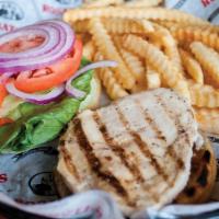 Grilled Chicken Sandwich · Grilled chicken, lettuce, tomato, red onion, mayo and bun.
