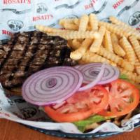Cheeseburger · 1/2 lb. black Angus steak served with lettuce, tomato, red onion, ketchup and mustard.
