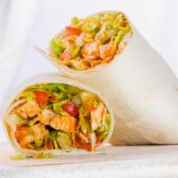 Buffalo Chicken Wrap · Grilled chicken, cheddar, romaine, Roma tomato, celery salt, Buffalo sauce and ranch dressing.
