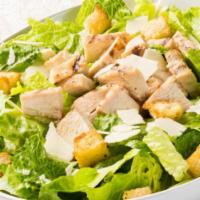 Chicken Caesar Salad · Romaine, grilled chicken, Parmesan, house-made croutons & Caesar dressing.