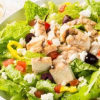 Greek Salad · Romaine, grilled chicken, feta, Roma tomato, Kalamata olives, banana peppers and zesty Itali...