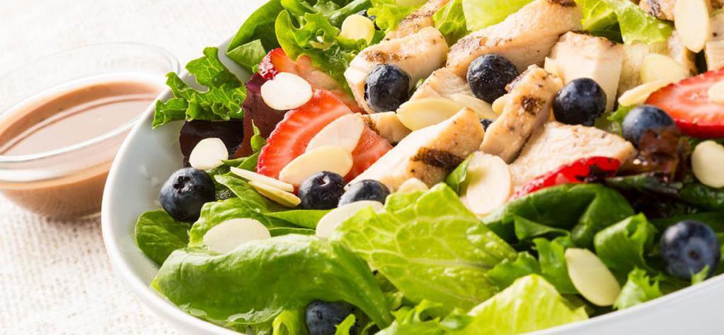 Berry Chicken Almond Salad · Spinach, spring lettuce, grilled chicken, fresh strawberries, fresh blueberries, almonds and balsamic vinaigrette. Gluten free.