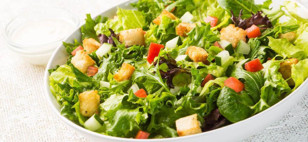 House Salad · Greens, Roma tomato, cucumber, housemade croutons and ranch dressing.