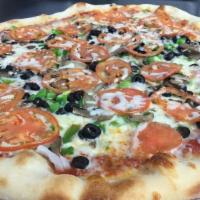 Mulberry Street Pizza · Bell peppers, red onion, mushroom, tomatoes, roasted garlic, black olives and mozzarella che...