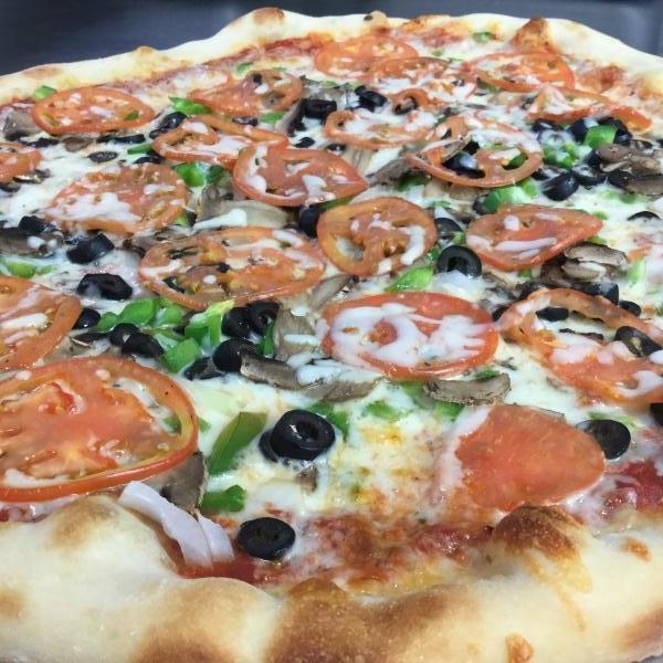 Mulberry Street Pizza · Bell peppers, red onion, mushroom, tomatoes, roasted garlic, black olives and mozzarella cheese.