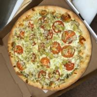 Brooklyn Bomber Pizza · Chicken, artichokes, tomato, and mozzarella cheese. Does not have marinara sauce. Uses pesto...