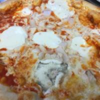 Upstate 2 Pizza · Chicken, Gorgonzola cheese, red onion, and drizzled with hot honey. Does not have marinara s...