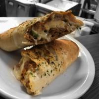 Sausage and Peppers Stromboli · Sausage, bell peppers, red onions and mozzarella cheese.
