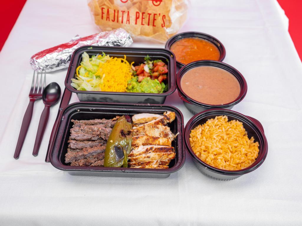 Fajitas For 2 · Served with Mexican rice, refried beans, grilled onions, jalapenos, fresh hand-rolled tortillas, shredded cheese, pico de gallo, guacamole, lettuce, chips and salsa.