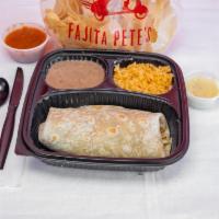 Burrito · Flour tortillas filled with chopped beef or chicken fajita, refried beans and queso cheese t...