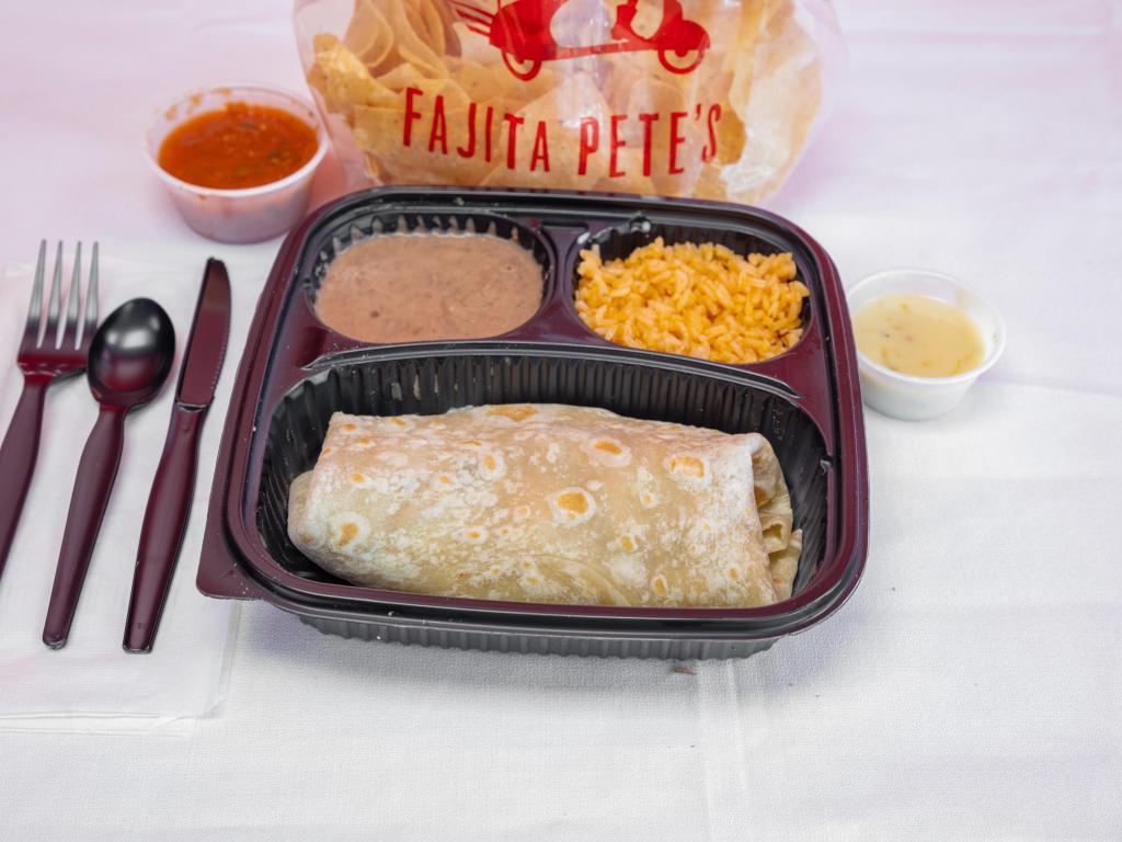 Burrito · Flour tortillas filled with chopped beef or chicken fajita, refried beans and queso cheese then smothered with chile con queso. Served with rice, lettuce and diced tomatoes.