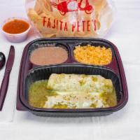 Chicken Enchiladas Verdes · Fajita chicken rolled in corn tortillas covered with tomatillo sauce and served with rice an...