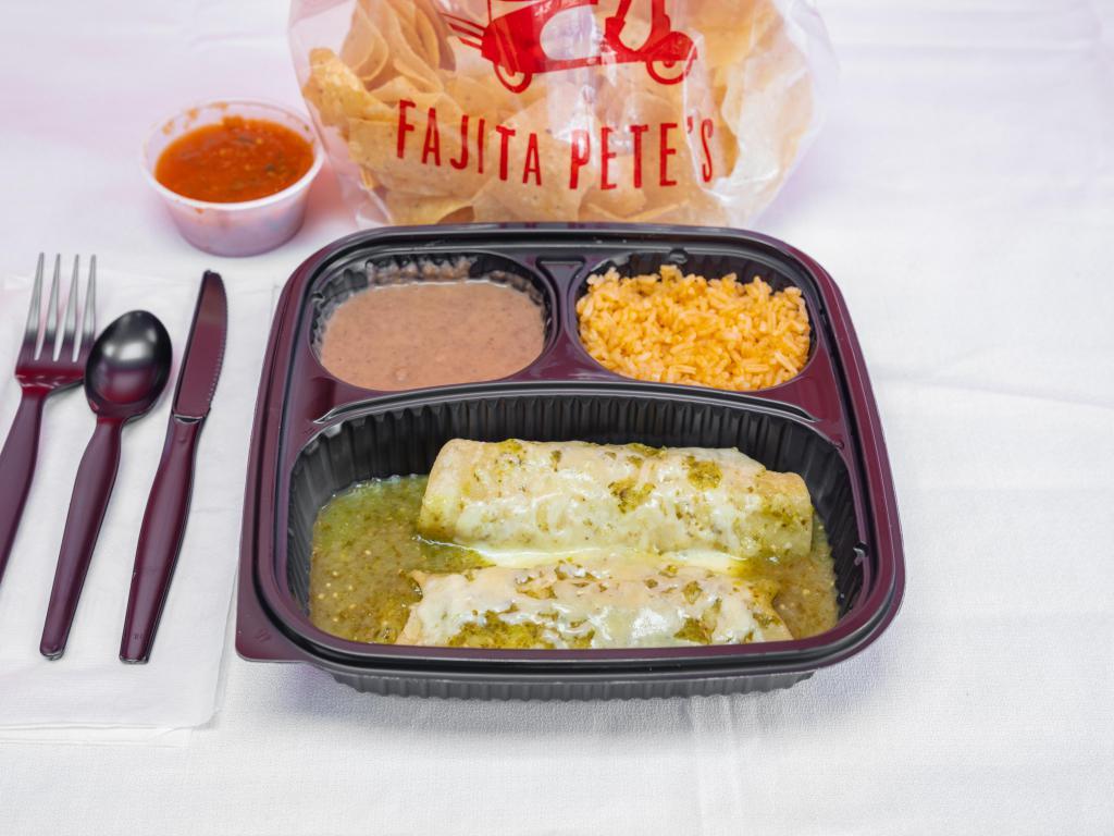 Chicken Enchiladas Verdes · Fajita chicken rolled in corn tortillas covered with tomatillo sauce and served with rice and beans.