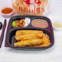 Chicken Flautas · Chopped chicken fajita rolled in a corn tortilla and lightly fried. Served with rice, beans,...